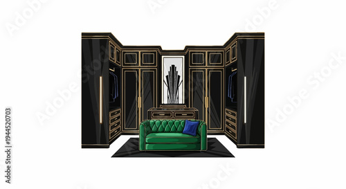 Luxurious walk-in closet with emerald green tufted sofa