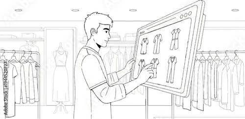 Man shops for clothes on an interactive screen in a store