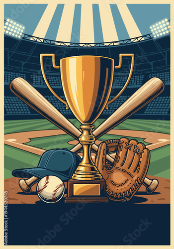 Baseball championship trophy with bat, glove and cap on stadium field in bold retro sports poster style, powerful tournament award concept ideal for event promotion and wall art prints