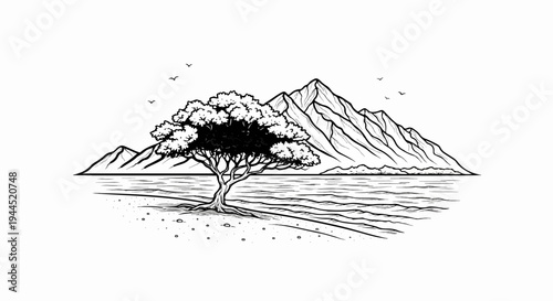 Lone tree on a beach with mountains and water