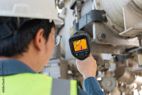 Fotografija Technician uses an infrared thermal camera to inspect industrial piping, helping detect abnormal heat, support preventive maintenance, improve safety, and maintain equipment reliability