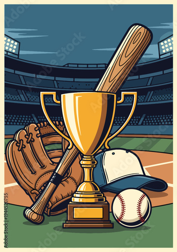 Baseball championship trophy with bat, glove and cap on stadium field in bold retro sports poster style, powerful tournament award concept ideal for event promotion and wall art prints