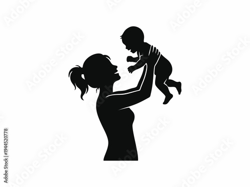 Silhouette Profile of Loving Mother Holding Up Her Baby with Tenderness for Mother’s Day Concept