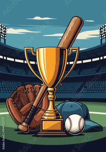 Baseball championship trophy with bat, glove and cap on stadium field in bold retro sports poster style, powerful tournament award concept ideal for event promotion and wall art prints