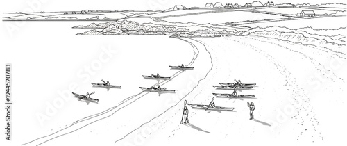 Sketch of kayakers on a beach with rolling hills and houses in background