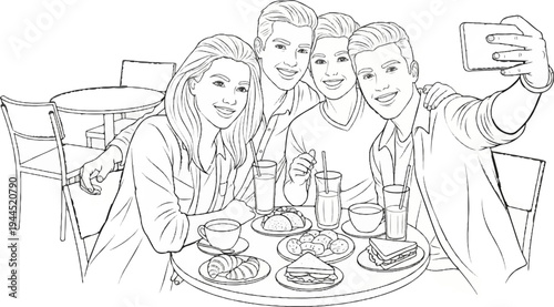 Four friends in a café take a selfie around a table filled with pastries, drinks, and sandwiches