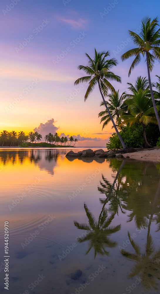 Obraz premium Tropical beach sunset with palm trees and reflection on water.