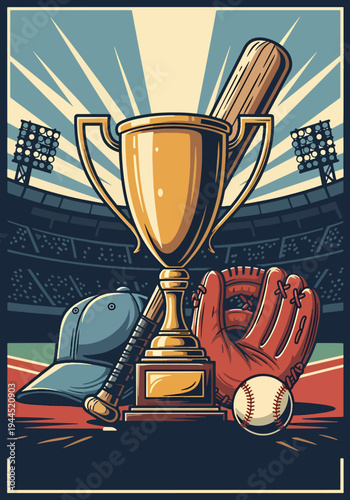 Baseball championship trophy with bat, glove and cap on stadium field in bold retro sports poster style, powerful tournament award concept ideal for event promotion and wall art prints