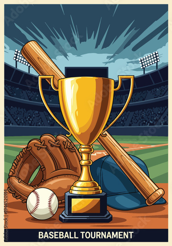Baseball championship trophy with bat, glove and cap on stadium field in bold retro sports poster style, powerful tournament award concept ideal for event promotion and wall art prints
