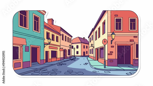 Colorful, cartoonish street scene with buildings, streetlights, and cobblestones