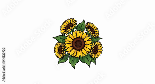 A vibrant bouquet of five yellow sunflowers with green leaves