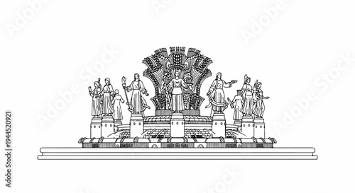 Ornate fountain with multiple figures and a large, stylized wheat sheaf backdrop