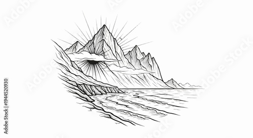 Stark mountain peaks pierce clouds as sun rays burst forth over a serene ocean