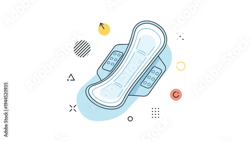 Modern illustration of a sanitary napkin with wings is surrounded by colorful abstract circles, triangles, and dots on a white background.