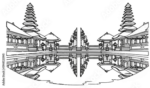 Ornate tiered temples reflected symmetrically in calm water