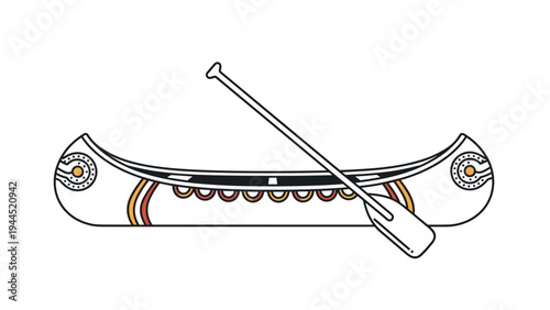Decorated canoe illustration displays intricate patterns and warm colors with a long wooden oar leaning against the side of the vessel.