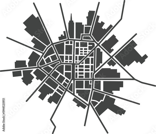 Historical urban layout with radial road network and dense city center