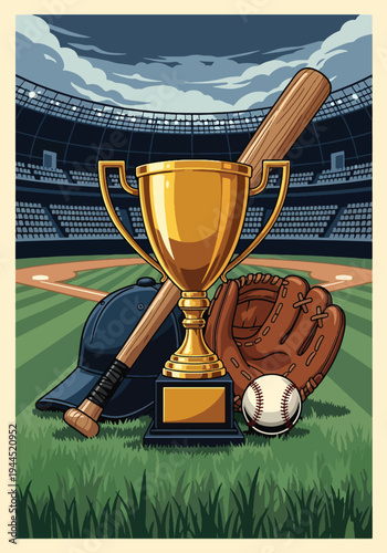 Baseball championship trophy with bat, glove and cap on stadium field in bold retro sports poster style, powerful tournament award concept ideal for event promotion and wall art prints