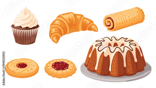 Collection of delicious sweet bakery treats including a frosted cupcake, croissant, jam roll, cookies, and a bundt cake.