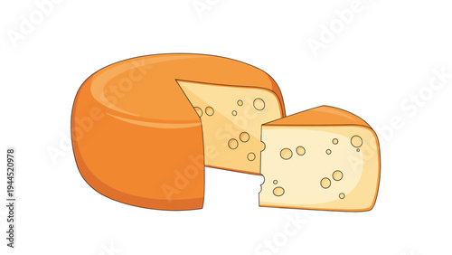 Large round wheel of swiss cheese with a wedge cut out showing characteristic air holes on a plain background.