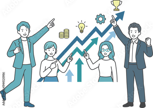 チームでビジネス成果を達成し成長するイメージのイラスト