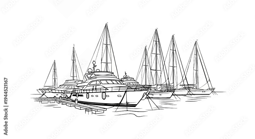 Obraz premium Pen sketch of multiple sailboats and yachts docked at a pier