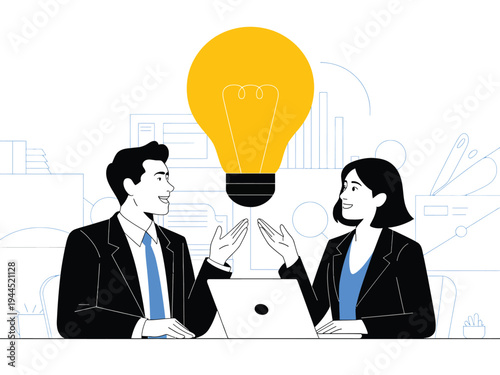 Business colleagues collaborate on a new idea symbolized by a large glowing.