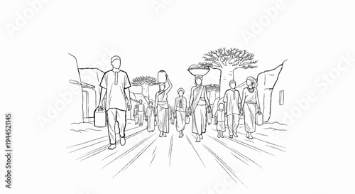 People walking on a dusty road with baobab trees and houses