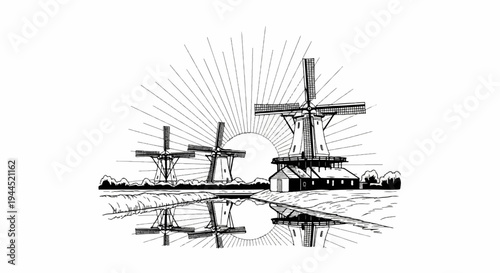 Stylized Dutch windmills with sunburst and water reflections