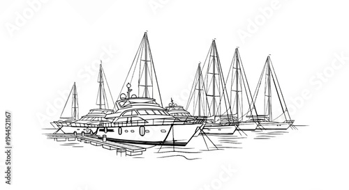 Pen sketch of multiple sailboats and yachts docked at a pier