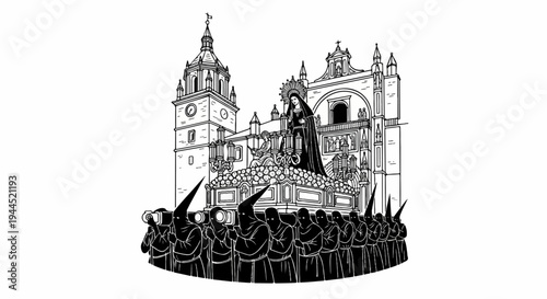 Procession with figures in hooded robes carrying a statue before ornate building