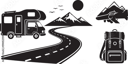 Travel and adventure road trip vector illustration set icons