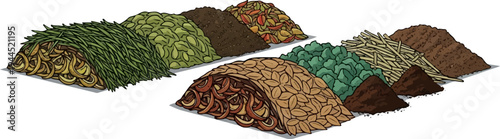Piles of organic materials for composting, including plant matter and food scraps