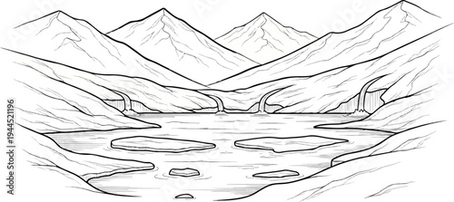 A stylized black and white drawing of a mountain valley with a lake and waterfalls