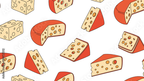 Appetizing seamless pattern showing different types of yellow cheese including whole wheels, triangular wedges, and square blocks with holes.