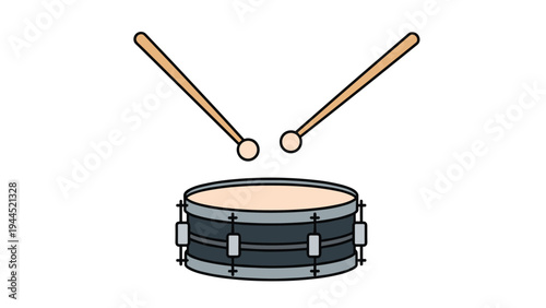 Musical instrument illustration featuring a grey and black snare drum with two wooden drumsticks poised above it for playing on white.