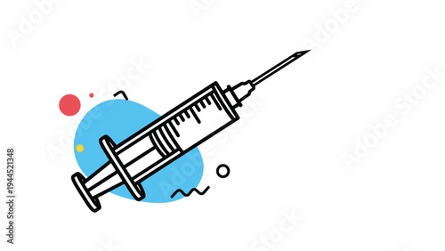Simple black and white line art illustration of a medical syringe with abstract colorful shapes in the background for health themes.