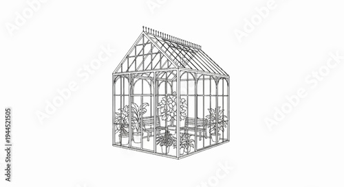 Detailed sketch of a glass greenhouse structure with potted plants inside