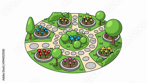 Circular garden path with flower beds, trees, and circular stepping stones