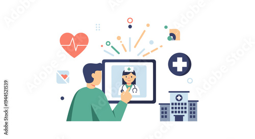 Telemedicine Virtual Doctor Consultation Illustration: Online Healthcare, Digital Medical Service & Remote Patient Support