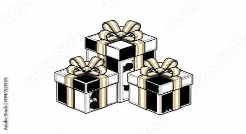 Three stylized gift boxes with gold and white striped ribbons and bows