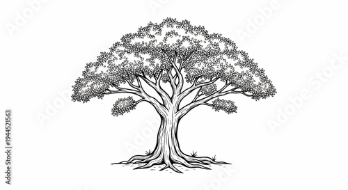 Detailed black and white illustration of a large deciduous tree with spreading branches and roots