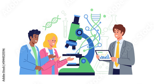 Scientific Collaboration: Researchers & Business Professional Analyzing Data with Microscope for Innovation