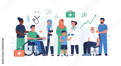 Diverse Medical Team Providing Comprehensive Healthcare and Support to Patients of All Ages and Backgrounds, Focusing on Wellness