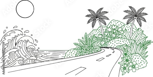 Scenic coastal road winds past crashing waves and tropical foliage under a sun