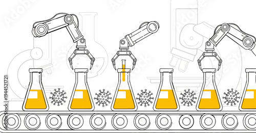 Robotic arms process vials on a conveyor belt with virus illustrations