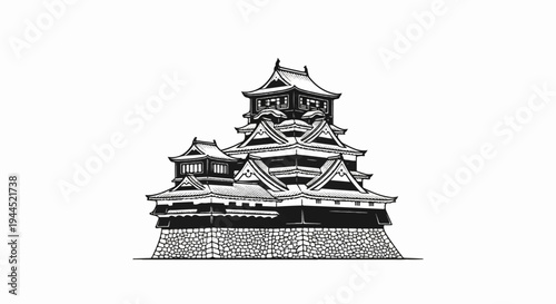Black and white ink sketch of a multi-tiered Japanese castle on a stone base