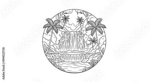 Tropical waterfall scene framed by palm trees and lush foliage