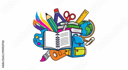 Vibrant school supplies burst with color, featuring a globe, backpack, books, and art tools