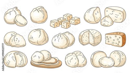Large assortment of cheese illustrations featuring different varieties like mozzarella balls, cubes, wheels, and wedges for food design.